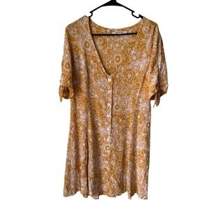 Rip Curl Womens Mustard Yellow Floral Button Front Mini Dress Tie Sleeve Size M